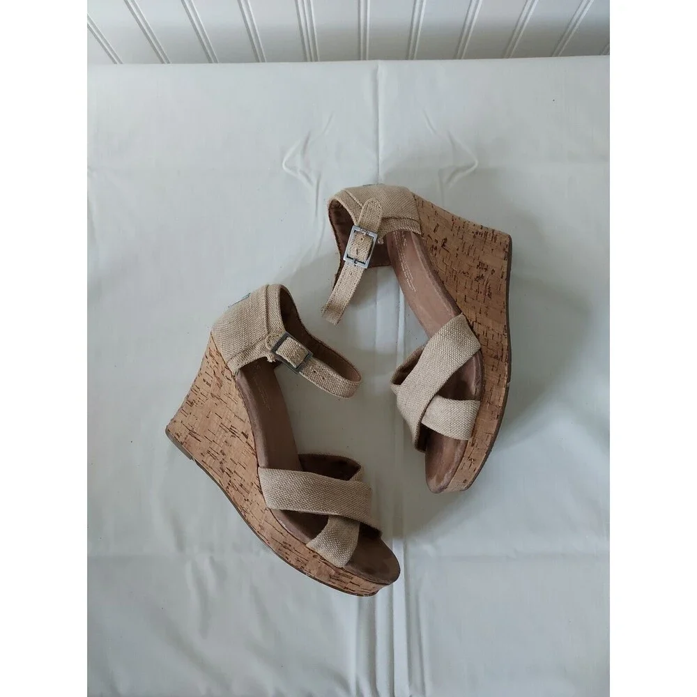 Toms Women's Size 7.5 Sierra Natural Canvas Cork Strappy‎ Wedges Sandals